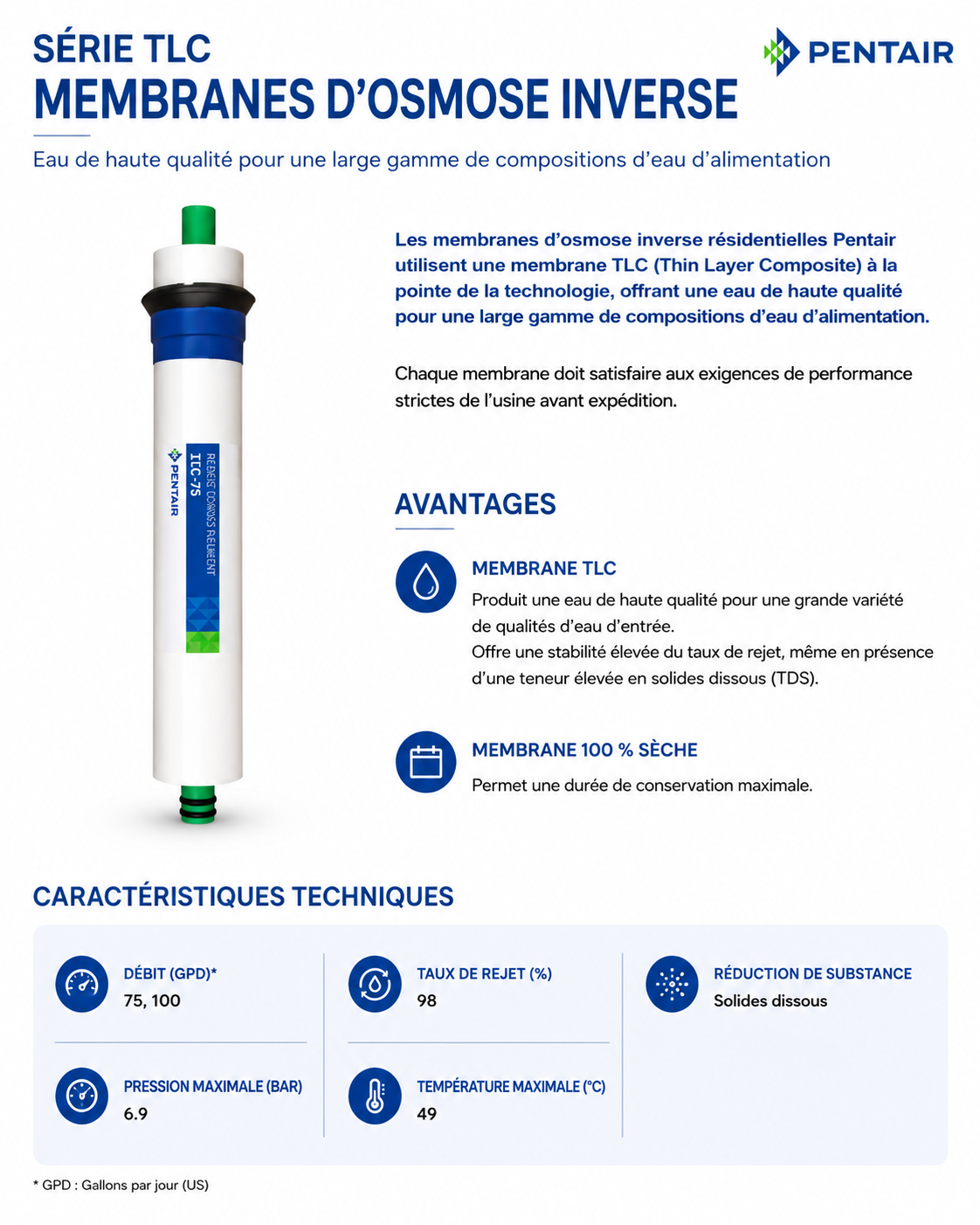 Membrane Osmose Inverse Pentek Pentair 75/100 GPD — Série TLC